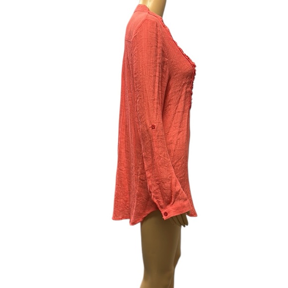 Spense Rayon Long Roll Tab Sleeve Button Up Ruffled Textured Tunic Blouse Medium - Picture 4 of 14